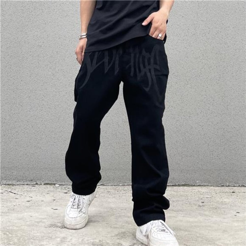 2024 New American Style Embroidered Letters Black Loose Jeans for Men Retro